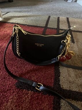PurseN Black Shoulder Bag with Gold Hardware and Red Cherry Charm